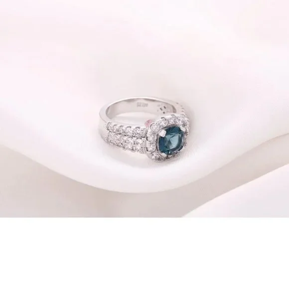 Stunning  2.5ctw Blue Sapphire / Diamond Halo Bridal Ring 925 Sterling Silver - Picture 15 of 16